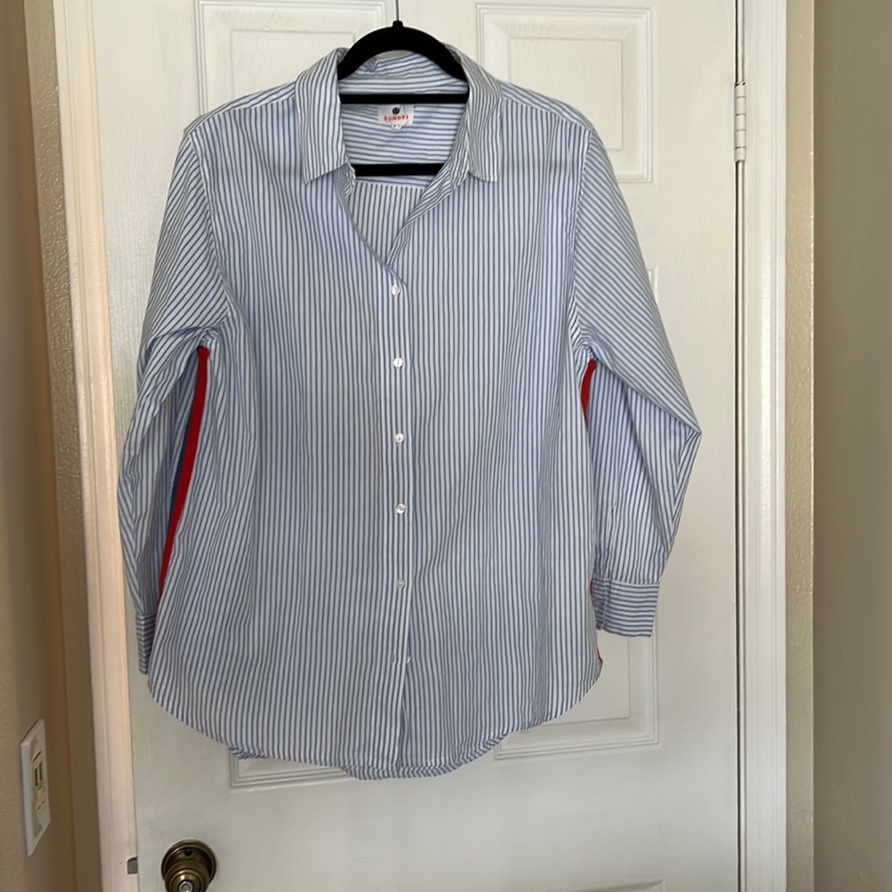 Sundry blush stripe button down with blue/red side stripe.